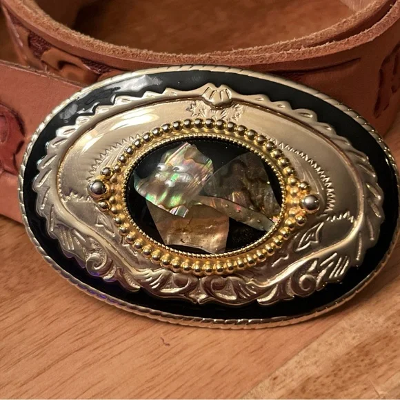 Vintage Tooled Leather Belt - Gold Black & Abalone Buckle- “Roy” 35-39” - Picture 2 of 9
